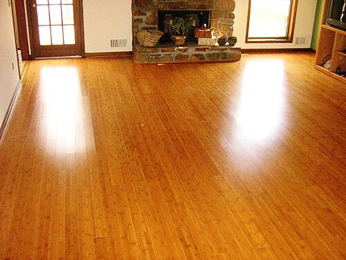 Spacious empty living room with wooden flooring, large windows, and ceiling lights.